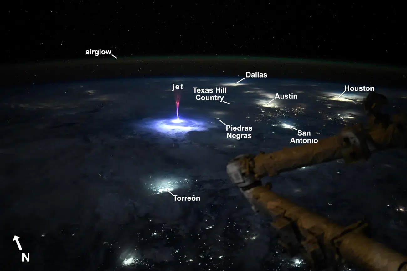 Lightning sprite from the ISS with city tags