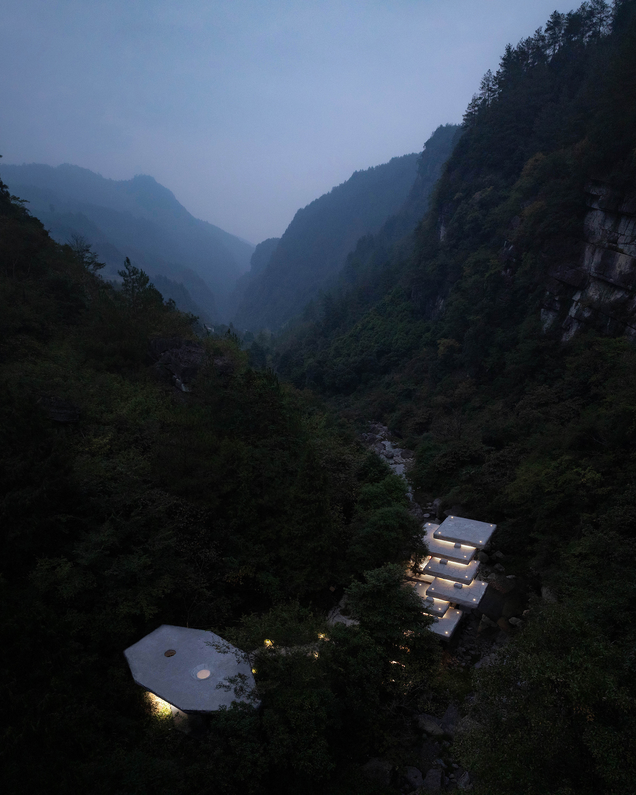 Bird's eye view of Drifting Stones at dawn.