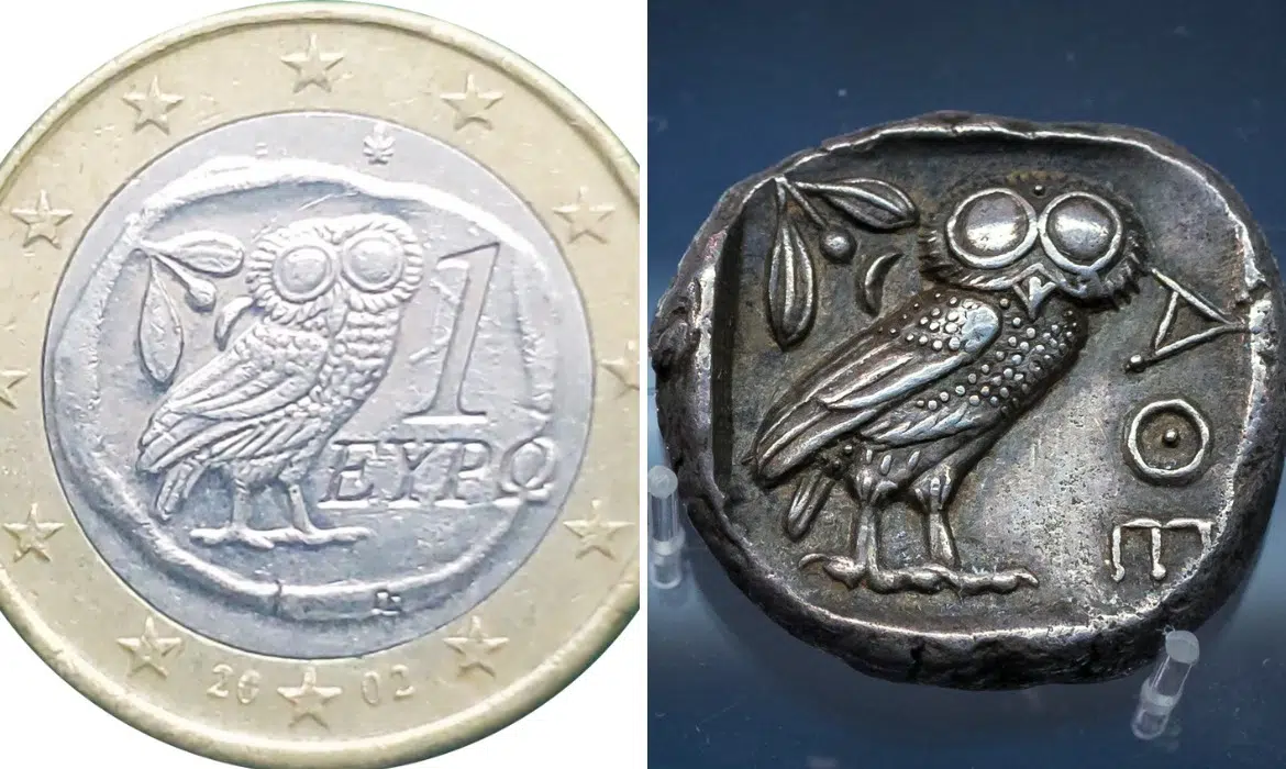 Euro coin from Greece next to ancient Greek coin