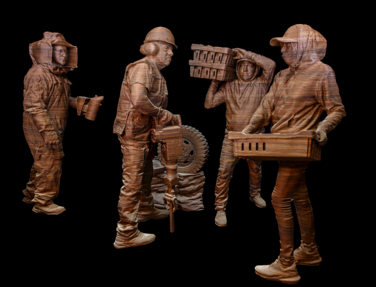"Warriors" sculptures made of wood by Guillermo Bert