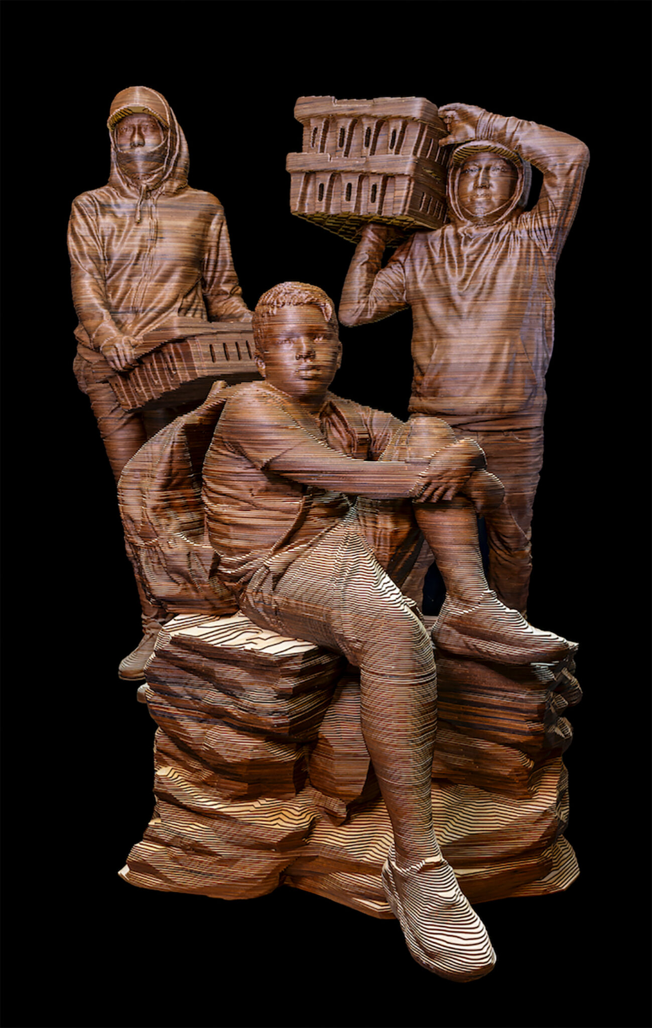 "Warriors" sculptures made of wood by Guillermo Bert